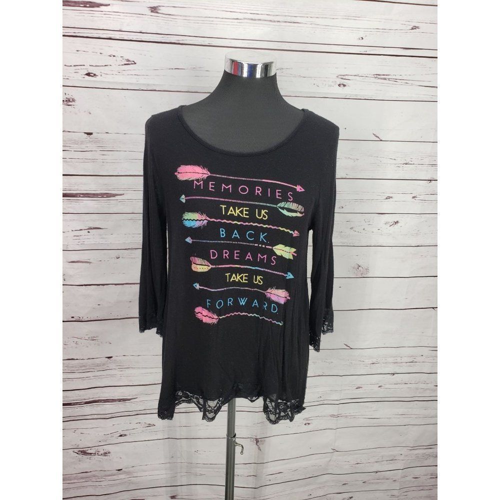 Top Girl Black Memories Take Us Back Lace‎ Trims Black 3/4 Sleeve Top